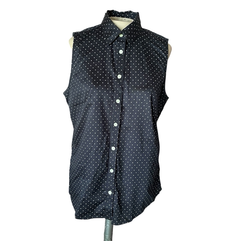 Banana Republic Sleeveless Collar Navy Polka Dot Classic Button Down Blouse 14